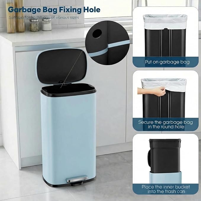 8 Gal Kitchen Trash Can, 30L Recycling or Garbage Bin, Brushed Stainless Steel Waste Basket, Soft&Quiet Close Dustbin, with Step-On Pedal, Removable Inner Bucket, for Home, Office, Living Room