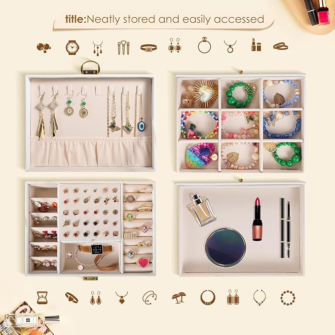 coobest 3 Layer Jewelry Box, Lockable Jewelry Holder Organizer with Jewelry Drawer, Large Jewelry Boxes & Organizer with Velvet Earring Storage, Unique Gifts for Women Mom
