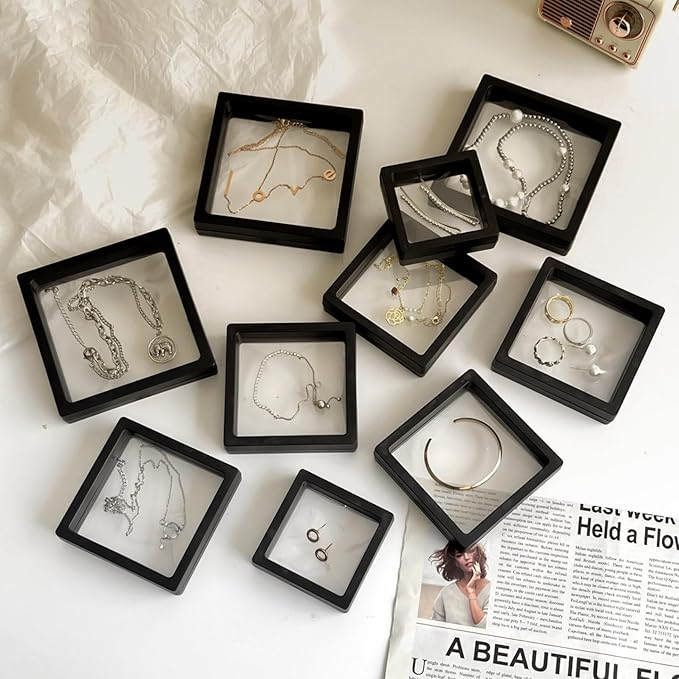 12PCS 3D Floating Frame Display Stand, Jewelry Box, Gift Box, Ornament Organizer, Small Travel Jewelry Box, PE Film Anti-Oxidation, Suspended Display Box Stackable (Black, 4.33 * 4.33)