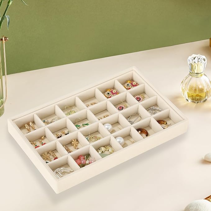 Frebeauty 24 Grid Earring Holder Organizer Tray, Jewelry Organizers and Storage for Drawer,Velvet Jewelry Display Storage for Earrings,Rings,Studs,10.5 x 6.5 x 1.2 Inches Gift for Women (Beige)