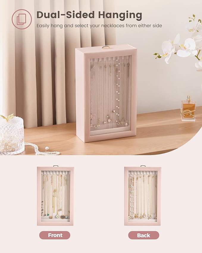 Lolalet Upgraded Double-Sided Hanging Necklace Organizer Box, Jewelry Display Case with Double-Sided Clear Window for Necklaces Bracelets, Tangle-Free Necklace Storage Box, Mothers Day Gift