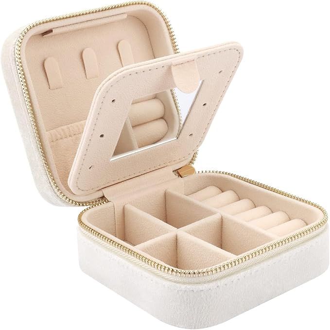 DesignSter Travel Jewelry Box - Velvet Mini Jewelry Organizer, Small Jewelry Case for Girls Women, Jewelry Storage Box for Rings Earrings Necklace (Square, Cream Beige)