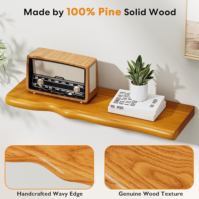 Floating Shelves for Wall Rustic Farmhouse 24 Inch Floating Shelf Wooden Shelves for Wall Mounted Live Edge Pine Shelf with Unique Natural Grain for Living Room Bedroom Kitchen (Honey Walnut)