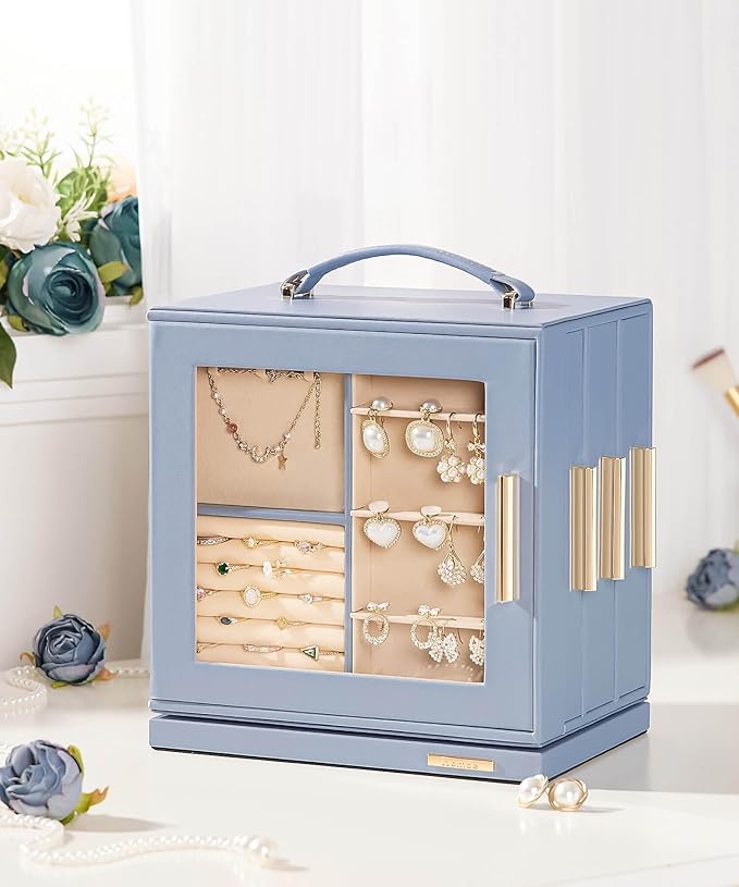 Homde Mothers Day Gifts Jewelry Box 360° Rotating, Necklace Earring Organizer with Transparent Window, Mirror, 7 Drawers, Large Ring Display Storage Case for Girls Women (Grey Blue)
