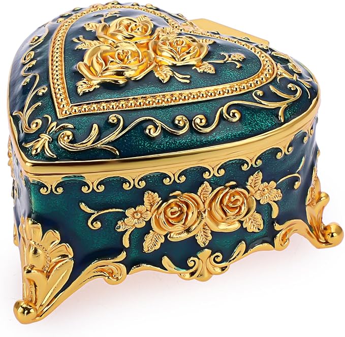 Hipiwe Vintage Metal Jewelry Box - Heart Shape Trinket Box Ring Case with Rose Pattern Jewelry Storage Box for Ring Earrings Necklace, Keepsake Box for Women, Blue