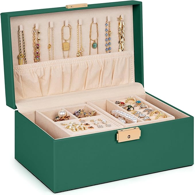 AKOZLIN Travel Jewelry Box Organizer Functional 2-trays Leather Jewelry Storage Case with Lockable Portable for Women Girls Ring Necklace Earring Bracelet