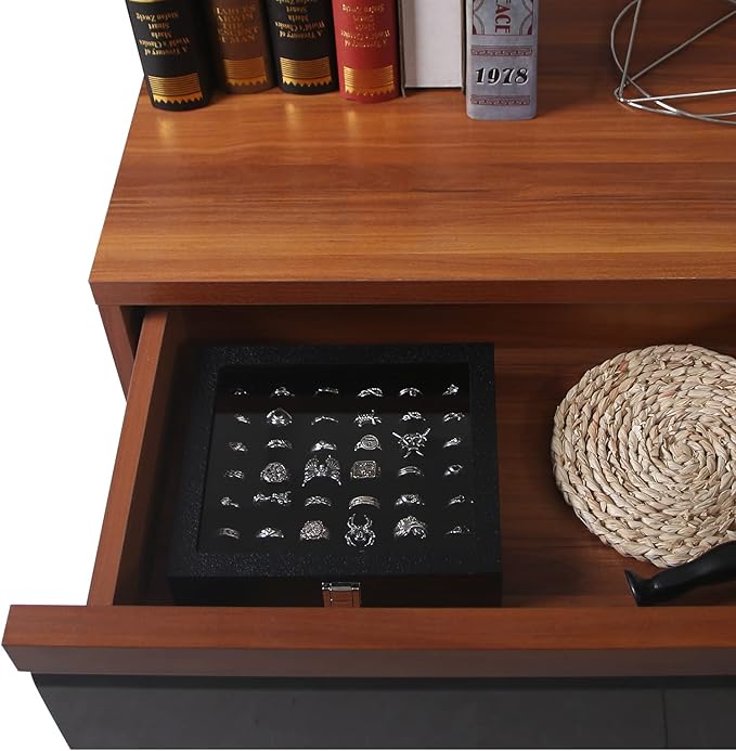 Pangkeep Ring Organizer Display Case,Black Jewelry Storage Tray Boxes for Multiple Rings,Glass Lid,Stackable. (42 Slots)