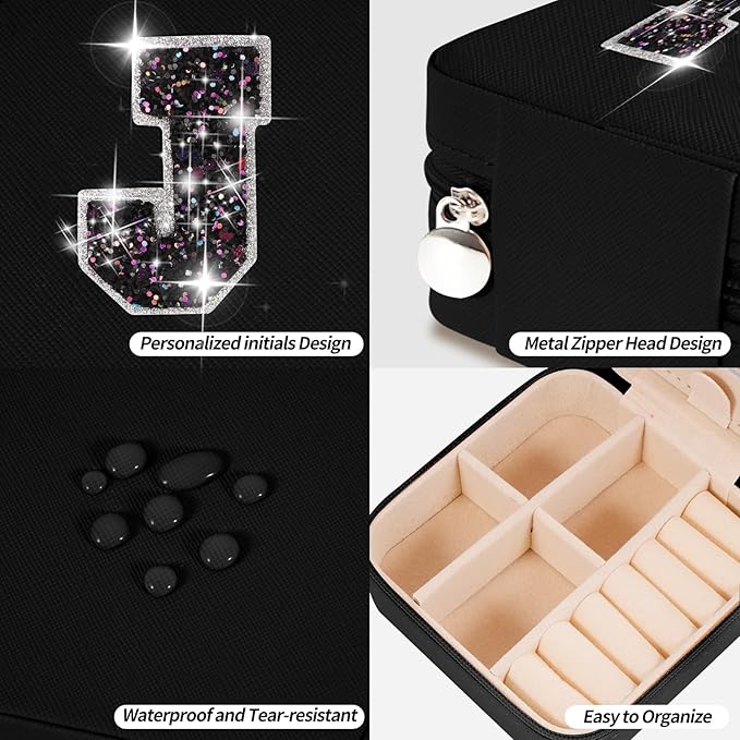 Uygafly Travel Jewelry Case - Personalized Jewelry Box for Women,Small Jewelry Organizer Cute Jewelry Organizers and Storage Aesthetic,Travel Essentials Birthday Gifts for Girls Women | Black,J