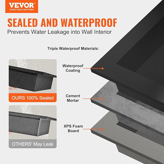 VEVOR Shower Niche Ready for Tile 16" x 32", Double Shelf Organizer, Square Corners Wall-inserted Niche Recessed, Sealed Protection Modern Soap Storage Niche for Shower Bathroom, Black