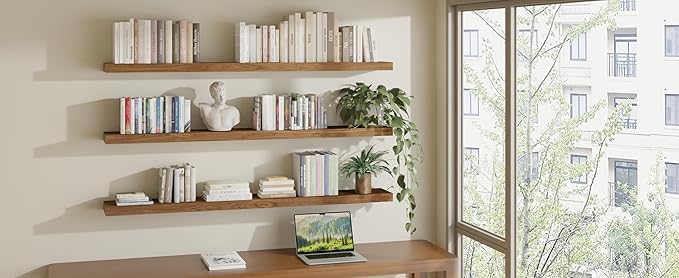 ROGMARS 60Inches Long Walnut Floating Shelves,Rustic Solid Wood Farmhouse Wall Shelves with Invisible Brackets for Bathroom, Living Room, Bedroom, Kitchen Set of 3