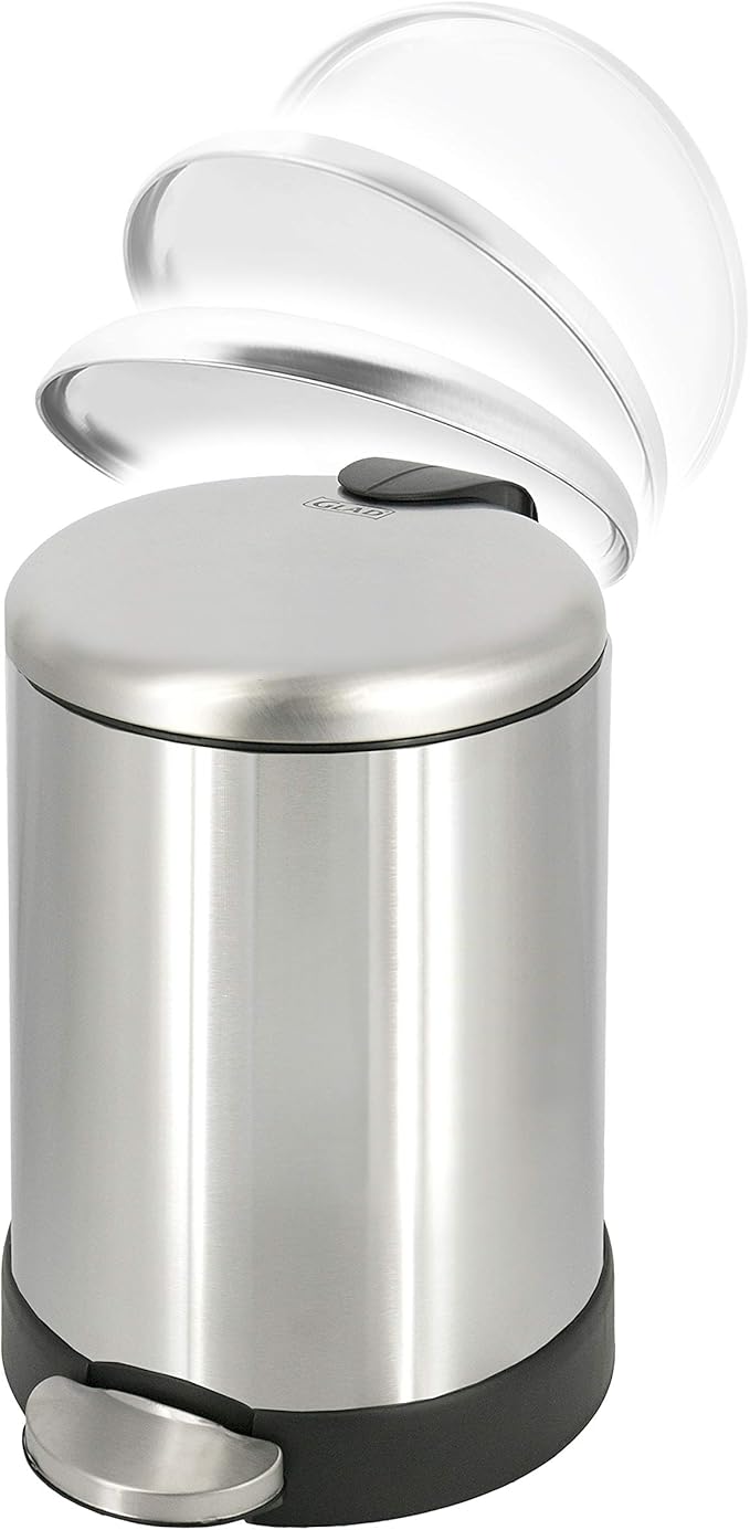 Glad Small Trash Can, 1.2 Gallon | Round Stainless Steel Garbage Bin with Soft Close Lid & Step Foot Pedal | Metal Waste Basket with Removable Inner Bucket, Stainless, 8 x 9.5 x 12 inches