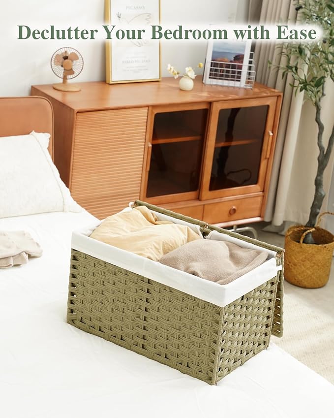 SETVSON Storage Basket with Lid Rattan Woven Storage Baskets with 2 Separate Lids, 17.2 Gallon (65 L), Wicker Storage Bins Foldable, 2 Removable Liner Bags Handles for Bedroom, Laundry Room Green