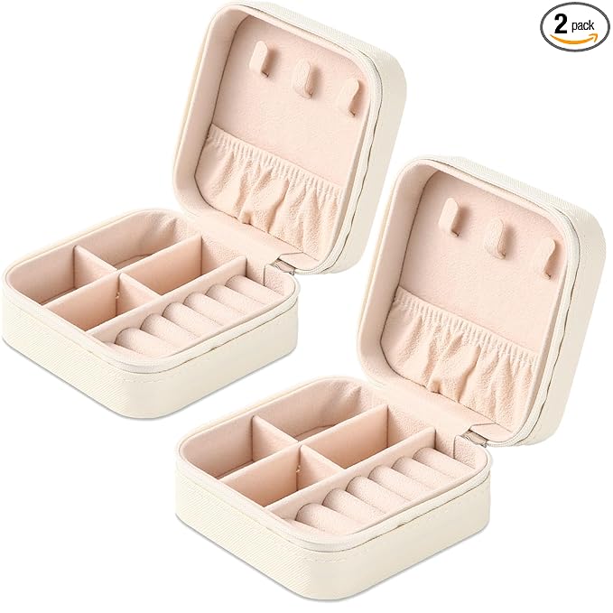 Neveika Portable Travel Mini Jewelry Box Leather Jewellery Ring Organizer Case Storage Gift Box Girls Women (2pcs White).