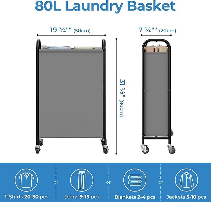 GRANNY SAYS 80L Slim Laundry Hamper with Silent Brake Wheels, Sturdy Metal Frame & Handle, Rolling Laundry Basket for Laundry Room, Bedroom, Bathroom, or RV – Suited for Singles or Couples, Grey
