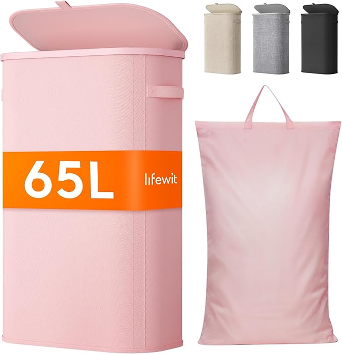 Lifewit Slim Laundry Basket with Lid, Narrow Large Laundry Hamper with Plastic Handles and Removable Bag, Tall Foldable Dirty Clothes Hampers for Laundry Room, Bedroom, Bathroom, Dorm, 65L Pink