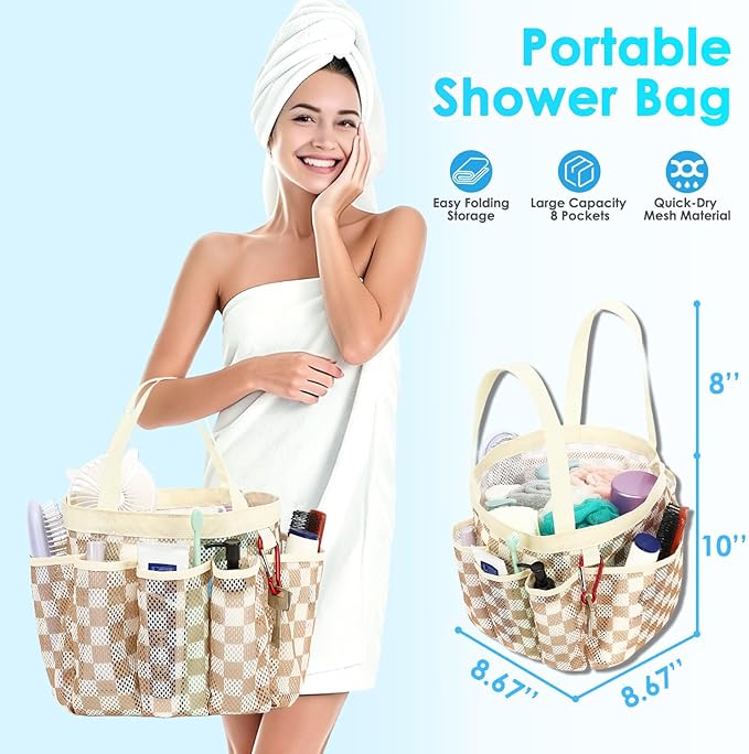 Fammart Mesh Shower Caddy Portable for College Dorm Room Essentials, 8-Pocket Large Shower Basket Tote Bag with 2 Handles for Toiletry, Bathroom, Beach, Camp, Gym