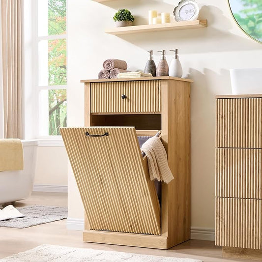 IFBUY Modern Tilt-Out Laundry Hamper Cabinet, 10 Gallon Fluted Trash Can Cabinet with Drawer, Wooden Hidden Garbage Can Cabinets with Laundry Basket, Free Standing for Bathroom & Kitchen, Natural Oak