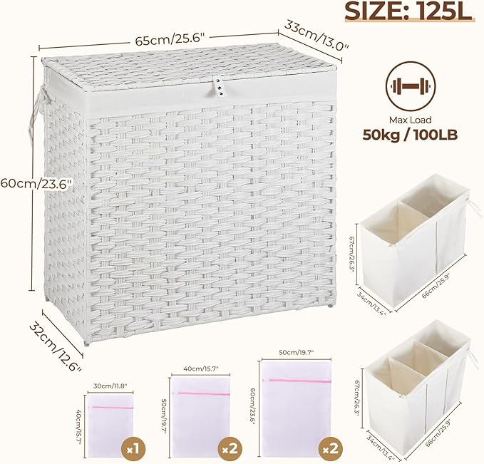 Greenstell Laundry Hamper with Lid, 125L Wicker Laundry Baskets with 2 Removable Liner Bags & 5 Mesh Laundry Bags, Handwoven Rattan Clothes Hamper with Handles for Clothes in Bathroom, Bedroom
