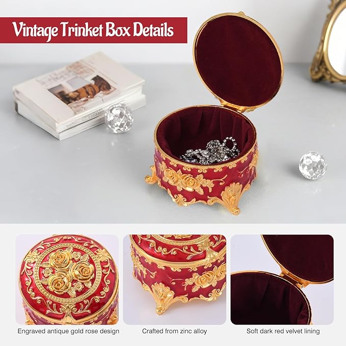 Vintage Jewelry Box, Gold Round Treasure Ring Box, Metal Trinket Organizer Keepsake Box Gift for Girl Women, Red