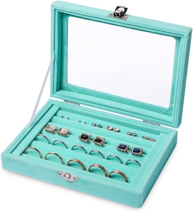 Frebeauty Rings/Earring Organizer Tray with Clear Lid,7 Slots Ring Box Velvet Ring Holder Drawer Insert Jewelry Storage Box Jewelry Display Case Jewelry Box Gift for Women and Girls(Turquoise,7 Slots)