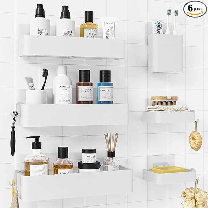 Kitsure Shower Caddy Adhesive - 6-Pack, No-Drilling Shower Shelves with Soap Holder, Toothbrush Holde, 6 Hooks, Rustproof & Stylish Bathroom Organizers and Storage Solution, White, Large