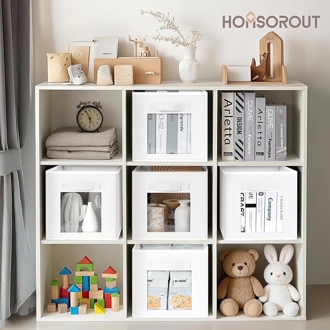 Homsorout Storage Cube 11 Inch - Cube Storage Bins with Window, Closet Storage Baskets with Handle, Fabric Bins for Closet, Shelves, Toys, Clothes, Set of 6, White
