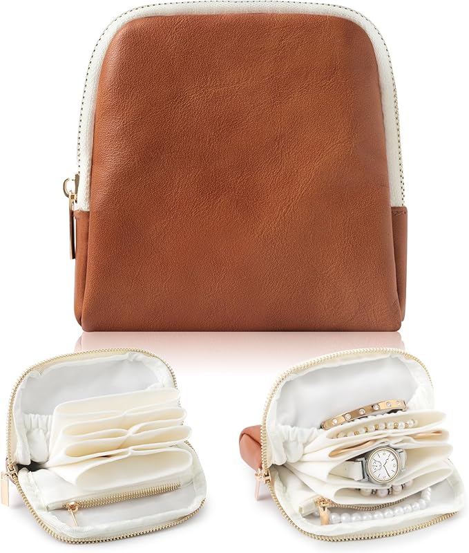 Genuine Leather Travel Jewelry Organizer Case Pouch Bags with Zipper, Small Mini Portable Jewelry Storage Bag for Ring Earrings Necklace Bracelet Travel Essentials Gift for Women（Brown）