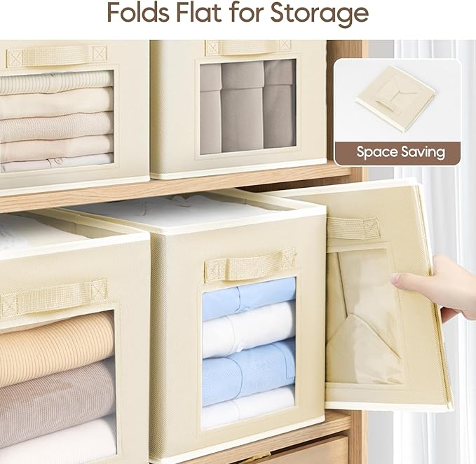 Homsorout Storage Baskets for Organizing - 6 Pack Cube Storge Bins, Foldable Storage Bins with Handle, Closet Organizers and Storage Baskets for Toys, Clothes, Beige