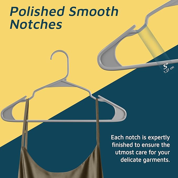 Lifemaster Plastic Clothes Hangers – Heavy Duty Hanger Set, for Organizing Clothes, Dresses, and Coat, Holds Up to 5 lbs, Space-Saving Hangers with Non-Slip Shoulder Grooves, Pack of 50, Gray