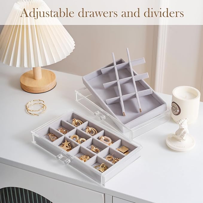Lolalet Earring Holder Organizer Box Jewelry Storage with 9 Drawers, Clear Acrylic Stackable Earring Case with Adjustable Velvet Trays for Women on Dresser Vanity -Grey, 9 Layers