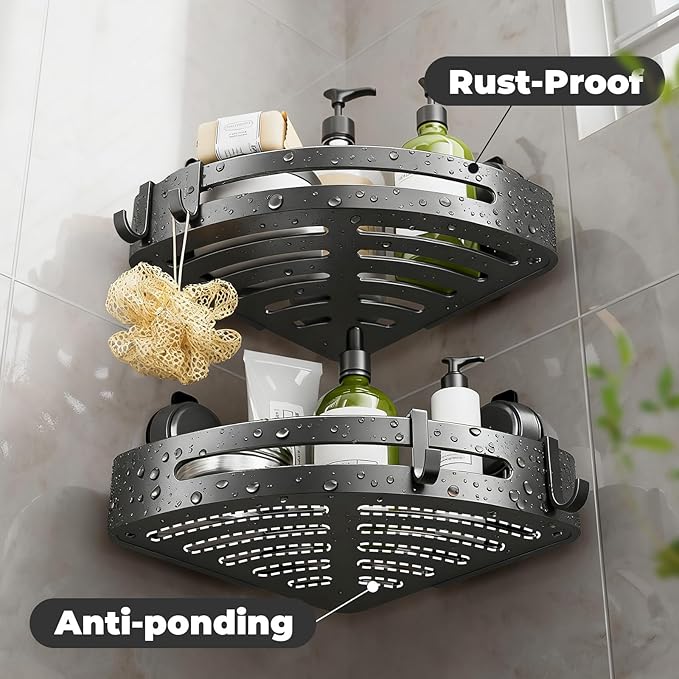 ONXE Shower Caddy Corner,Suction Cup Shower Caddy with Hooks,No Drilling Rustproof Aluminum Bathroom Organizers and Storage,Shelves for Bathroom Accessories Decor (3)