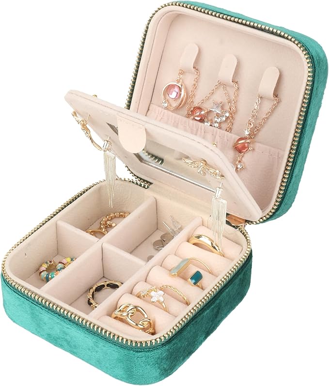 Plush Velvet Jewelry Box,Travel Jewelry Case with Mirror, Jewelry Organizer,Gift for Women Girls,1Pack