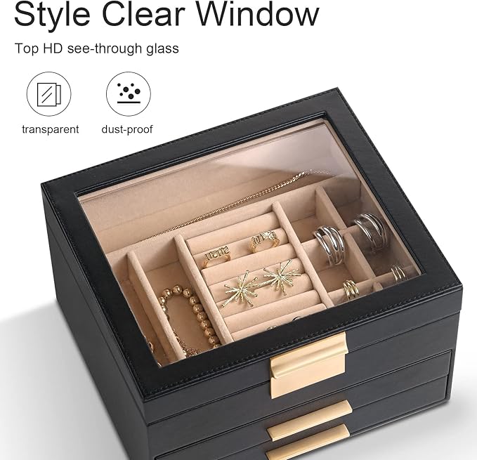 Somduy Jewelry Box Organizer for Women,3 Layers Jewelry Storage Display Box with Glass Lid,Gift for Christmas,3 Drawers,Large Capacity for Necklace Earrings Bracelets Rings,Black
