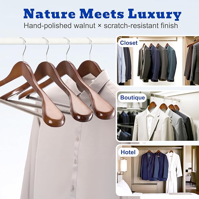 HOUSE DAY Wood Suit Hangers for Men 24 Pack, Smooth Wide Shoulder Wooden Hangers with Non Slip Pant Holder, Wide Hangers for Suits, Coats, Jackets, Heavy Wide Clothes Hanger, Walnut