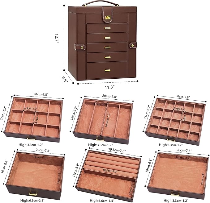AKOZLIN Extra Large 6-Tier Jewelry Box Organizer with Mirror, 5 Drawers Leather Jewelry Storage Case for Women Girls Ring Necklace Earring Bracelet Brown
