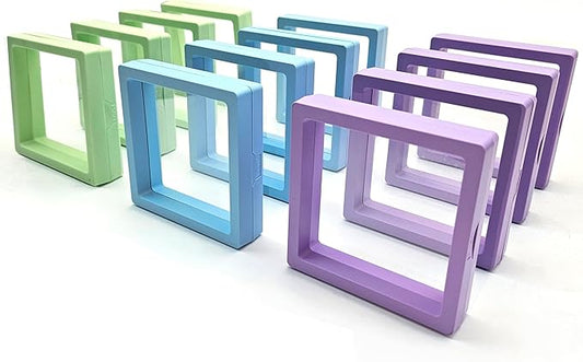 12PCS 3D Floating Frame Display Stand, Jewelry Box, Gift Box, Ornament Organizer, Small Travel Jewelry Box, PE Film Anti-Oxidation, Suspended Display Box Stackable (3.54*3.54，Type 7)