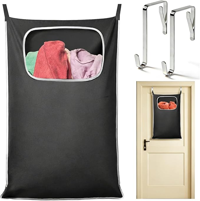 Over the Door Laundry Hamper, Hanging Laundry Hamper Bag with Wide Opening and Full-Length Zipper, Easy Storage & Access, Space Saving for Bathroom, Bedroom, Dorm, Travel (Black)