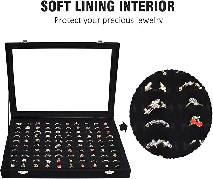 Vicoter Rings Organizer Tray 100 Slot Velvet Ring Earring Storage Box TranSparent Cover Jewelry Store Ring Display Box Jewelry Display Cabinet for Girl Wife Mother