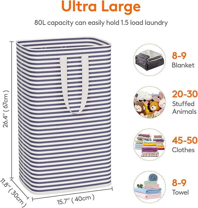 Lifewit 2 Pack Laundry Hamper Large Collapsible Laundry Baskets, Freestanding Waterproof Clothes Hamper with Easy Carry Handles in Laundry Room Bedroom Bathroom College Dorm for Adults, Navy, 2 x 80L