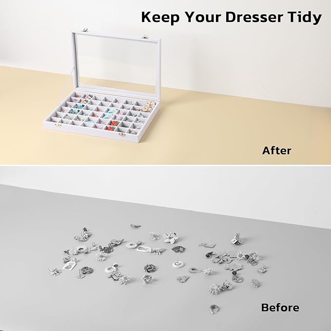 Frebeauty 40 Grid Jewelry Tray,Adjustable Earring Holder Organizer with Glass Lid,Velvet Drawer Jewelry Organizer for Rings,Studs,13.8 x 9.5 x 2 Inches Jewelry Display Box,Gift for Women(White)