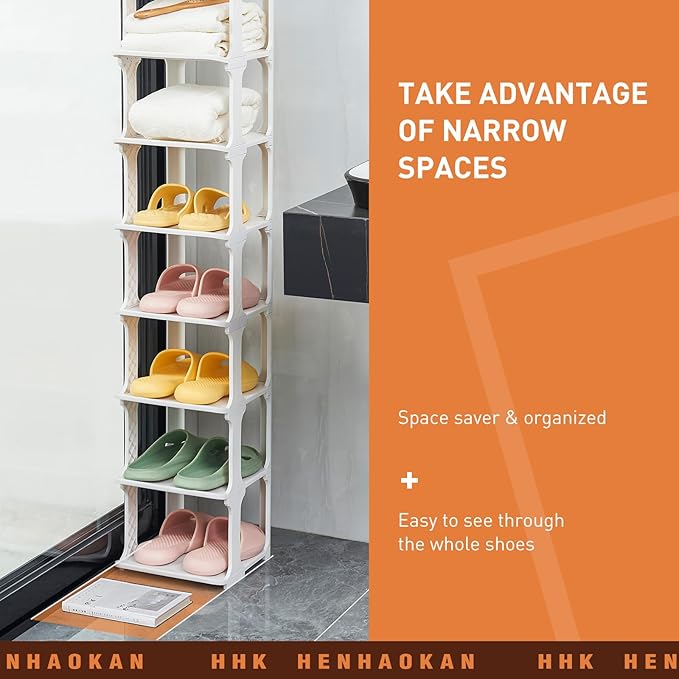 5 Tiers Shoe Rack Organizer for Closet Shoe Holder Storage Narrow Plastic Vertical, Free Standing Shoe Rack Shelf for Entryway Stackable Stability DIY, Beige