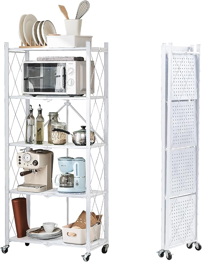 BRIAN & DANY 5-Tier Foldable Storage Shelves with Wheels, Folding Metal Rack Shelving Unit, Heavy Duty No Assembly Organizer Shelf for Garage, Kitchen, Basement, Pantry, White