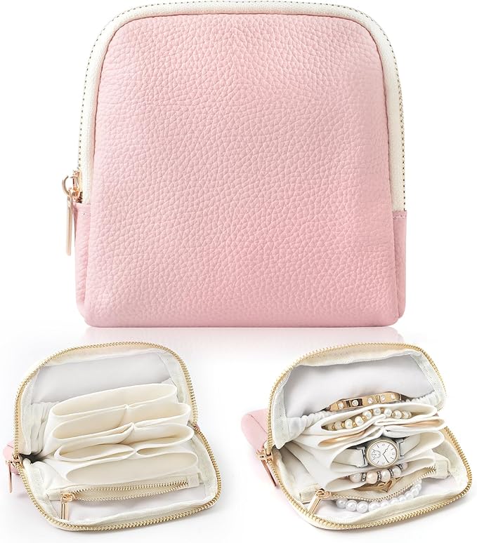Genuine Leather Travel Jewelry Organizer Case Pouch Bags with Zipper, Small Mini Portable Jewelry Storage Bag for Ring Earrings Necklace Bracelet Travel Essentials Gift for Women（Pink）