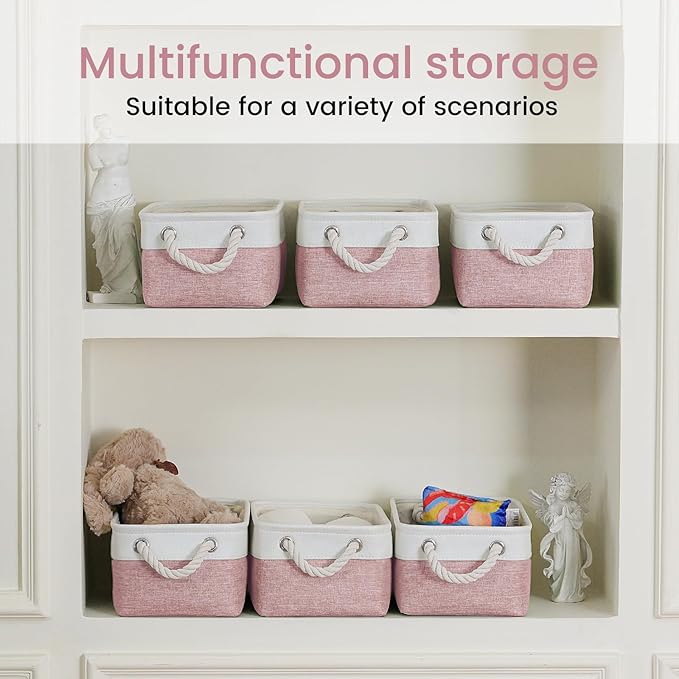 Storage Baskets for Shelves 11.8x7.9x5.2 Inch, Foldable Fabric Storage Bins with Handles, Small Storage Baskets for Organizing Closet, Office, Home Organization (3-Pack, White&Pink)