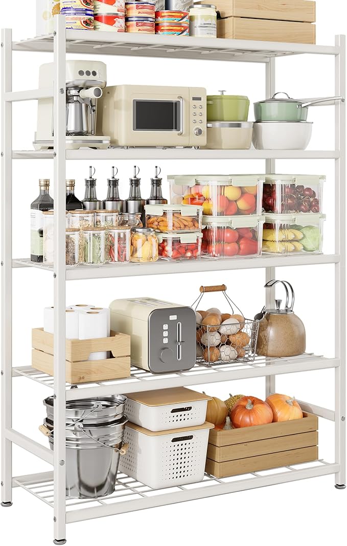 Storage Shelves, 5-Tier Metal Shelving Unit with Adjustable Feet, Shelf Organizer for Garage, Kitchen, Pantry and Closet Organization, 36.4" x 11.8" x 68.3", Cream White