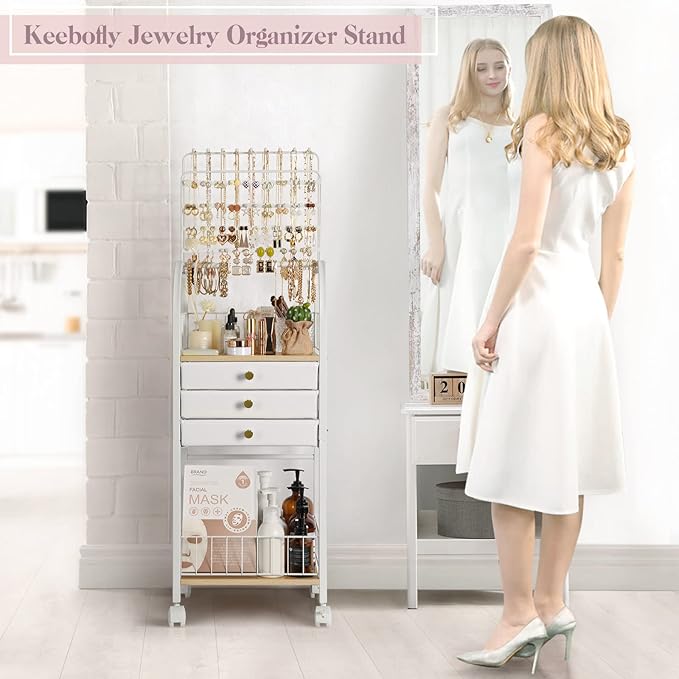 Keebofly Jewelry Organizer Stand with 3 Drawers, Large Necklace Holder & Earring Organizer Rack, Wooden Jewelry Tree Tower for Rings, Bracelets, Sunglasses and Skincare, Gift for Women, White
