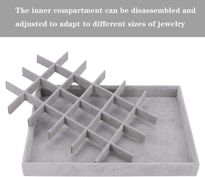 Large Velvet Jewelry Tray, Drawer Organizer for Jewelry in Dresser, Stackable Jewelry Drawer Organizer Inserts for Earring Necklace Bracelet Rings(Grey,24grid)