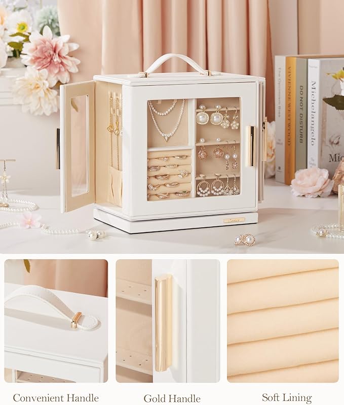 Homde Mothers Day Gifts Jewelry Box 360° Rotating, Necklace Earring Organizer with Transparent Window, Mirror, 7 Drawers, Large Ring Display Storage Case for Girls Women (White)