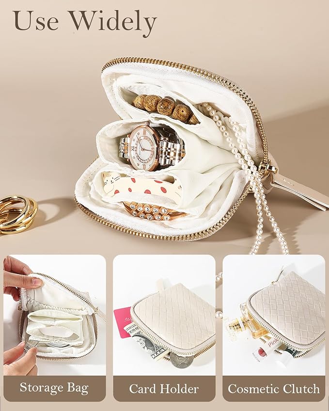 COOLYOUTH Travel Jewelry Case Organizer for Women Portable Jewelry Box with Small Pouches Mini Jewelry Bag for Rings, Bracelets, & Bangles with Smooth Metal Zipper (White Chocolate)