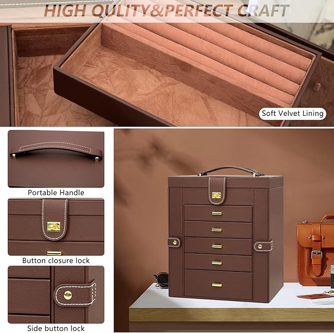 AKOZLIN Extra Large 6-Tier Jewelry Box Organizer with Mirror, 5 Drawers Leather Jewelry Storage Case for Women Girls Ring Necklace Earring Bracelet Brown